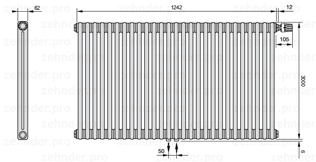 Схема (чертеж) Радиатор Zehnder Charleston 2300/27 №V008 Белый глянцевый RAL 9016